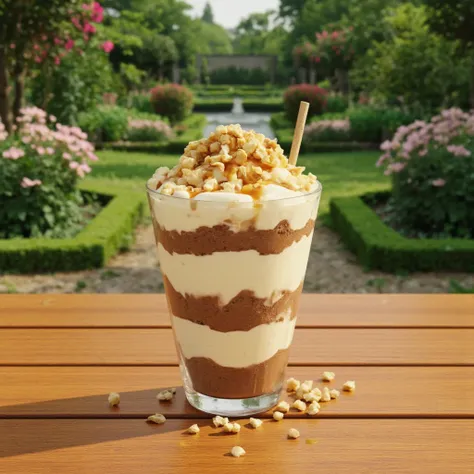 icecream on the table, garden, masterpiece, best quality, detailed, high resolution, photorealistic