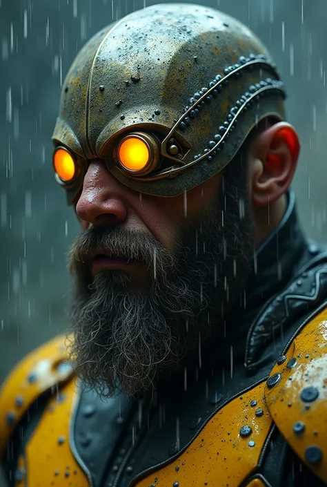 Rain, fragments, particles blender Extreme close-up face 
Actor asian Akira kanedas cyclops creepy monstrous scary as cyclops viking traje viking Year 2099s from X-Mens filmed by ZackSnyder,cyclops dress traje semi rasgado , fighting against thugs X-men Fu...