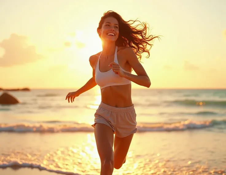 A vibrant and stunning woman in her prime, clad in a pair of fitted, knee-high short shorts that accentuate her toned legs, is seen engaging in a dynamic exercise routine on a sun-kissed beach, the warm golden light of the setting sun casting a flattering ...