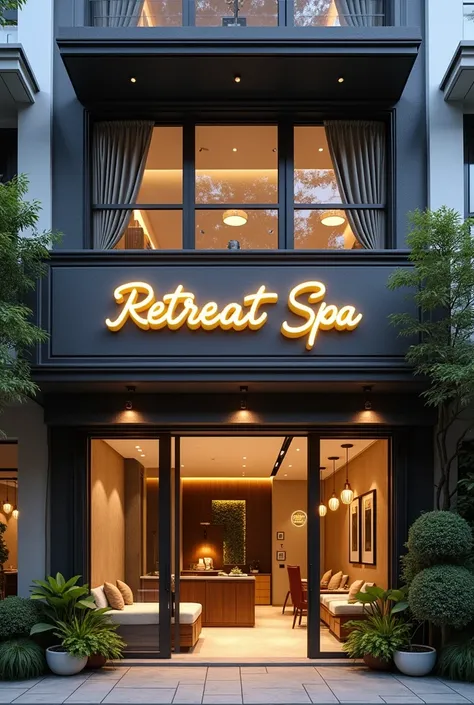  designed for me on the outside of a spa with a sign  " An Retreat Spa  " bên dưới dòng An Retreat Spa  sẽ là dòng "  Massage - Hairwash - Eyelashes  " The building will be a two-storey shophouse. 