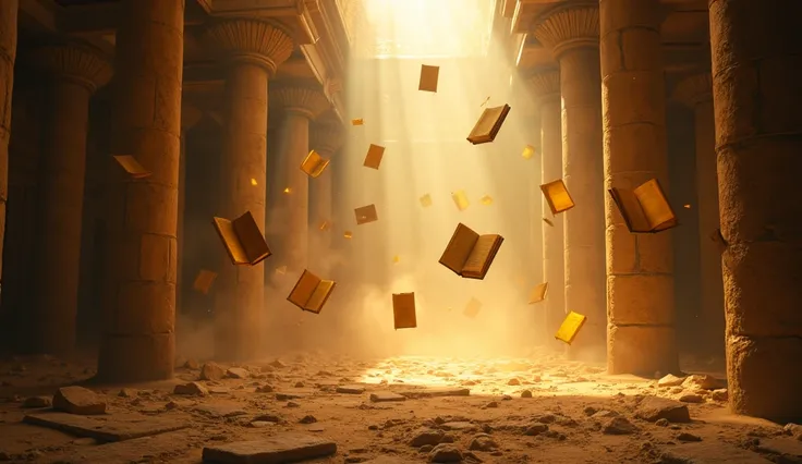 A mystical scene unfolds where dozens of golden manuscripts float gracefully in a radiant beam of light pouring through ancient stone pillars. The air shimmers with dust and magic, evoking a sense of lost knowledge and hidden treasures. The environment fee...