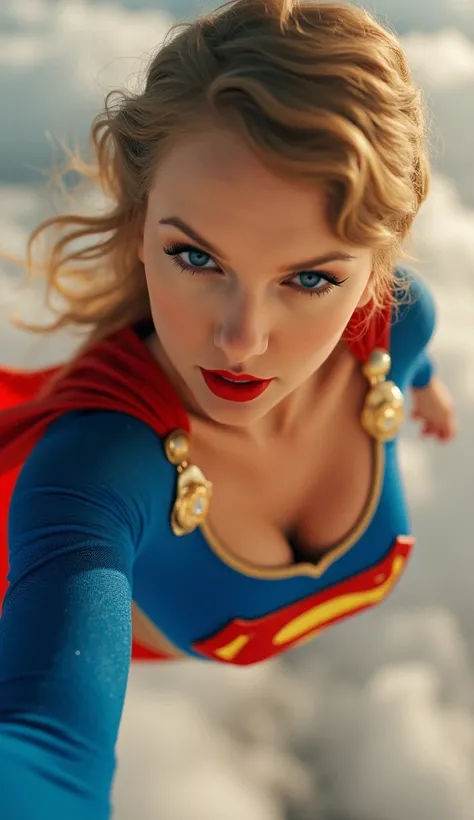 Selfie style photo, pov, INSANELY SEXY, RIPPED MUSCULAR BUSTY, bOOBS SUPERGIRL WEARING THE ORIGNAL SUPERGIRL COSTUME FROM 1950. SOARING WHILE TAKING A SELFIE. 8k, high definition, ((visible cleavage:1.2)), ((busty:1.2)), looking down her shirt