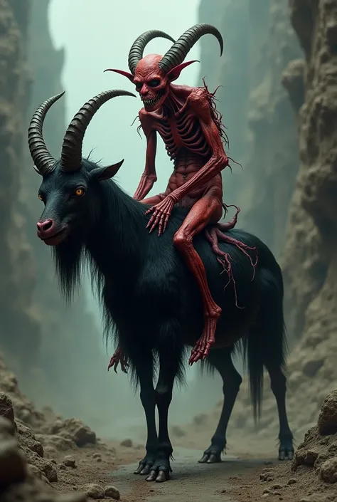  Medieval red demon, thin, old,  riding a black goat 