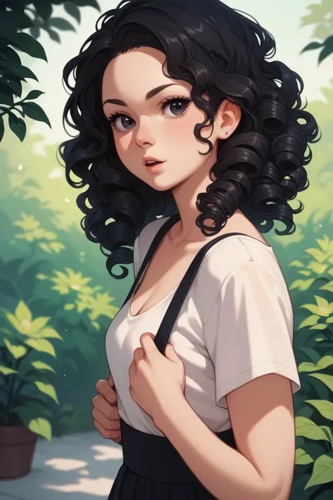  could you create a girl with black hair black eyes , small mouth and semi-curly hair ,  with a  and with a little hair style in the center of her hair