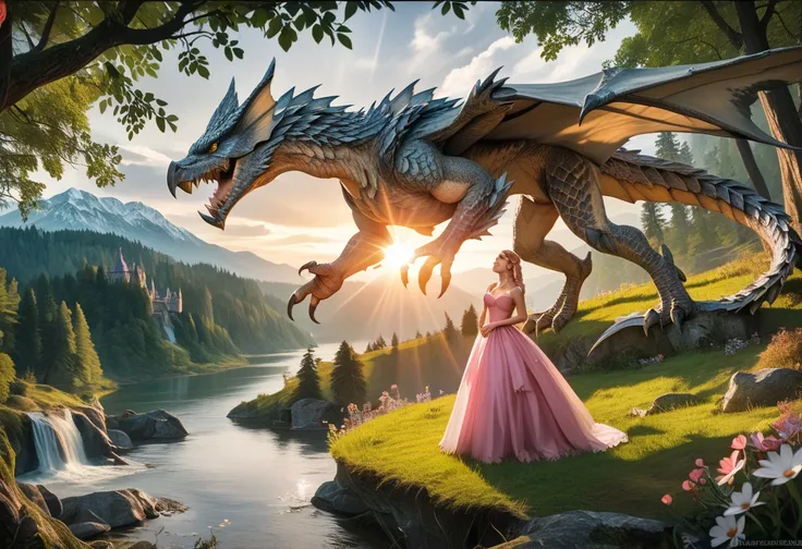 a painting of a man and woman in a pink dress standing in front of a castle, romance novel cover, romantic storybook fantasy, fairytale artwork, cinematic film still score_9, score_8_up, score_7_up, (photorealistic:1.4), Gray (Wyvern:1.3), in magical fores...