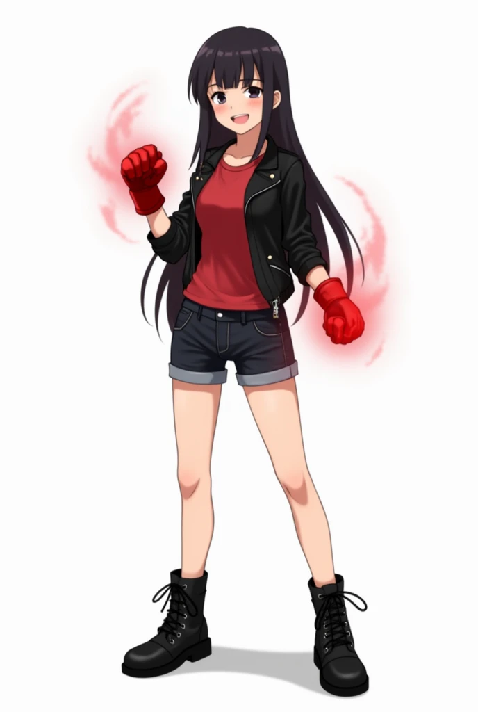  Almost tall young adult girl with straight long black hair, black eyes , black leather jacket , ordinary red short blouse ,short short dins black , black boots, with red fighter gloves , in battle position ,standing,on white canvas , with red energy on th...