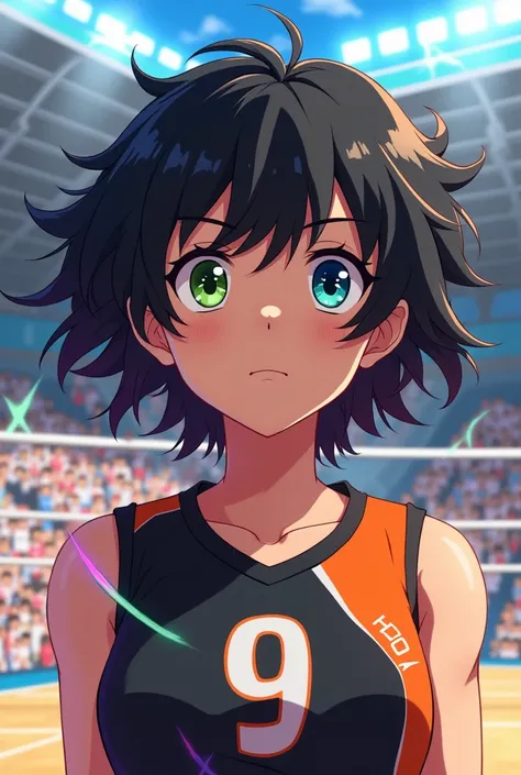  Curly haired girl/Chinese white ,wearing black and orange volleyball uniform ,  and with different green and blue eyes, I animated Haikyuu  