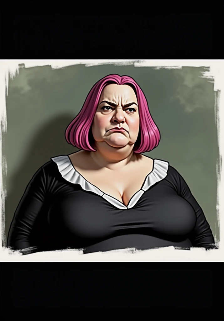  fat woman　Hide cleavage　 bob cut　 forehead visible in the background 　 pink hair 　 grumpy face