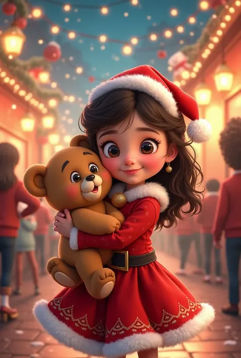 CARTOON IMAGE OF GIRL DRESSED IN SANTY DRESS AT CHRISTMAS PARTY HUGGING TEDDY BEAR