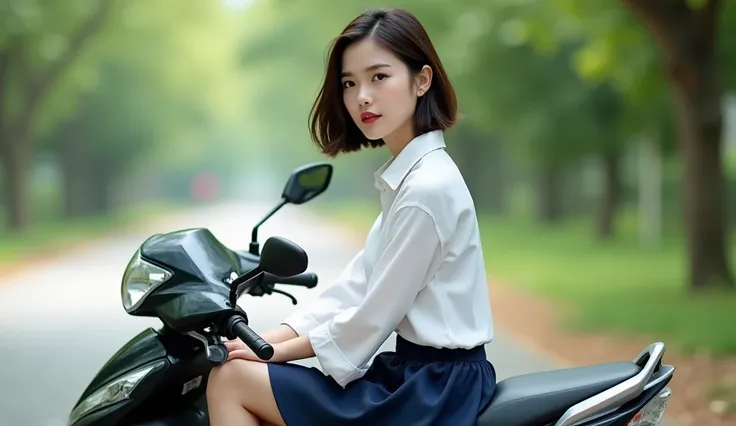 Create a picture of a short haired Asian girl in her 20s wearing a white blouse, wearing a navy skirt, sitting on a motorcycle parked by the road, the background blurred into khachi green.