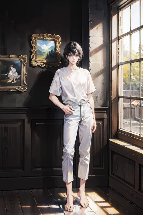 Wide shot view, painting, oil painting, 8K resolution, high detail, around 20 years old, (one male:1.5), black hair, slightly longer at the ends, somewhat straight, simple outfit:1.5, (white shirt:1.5, white shirt splattered with colorful ink:0.5), (black ...