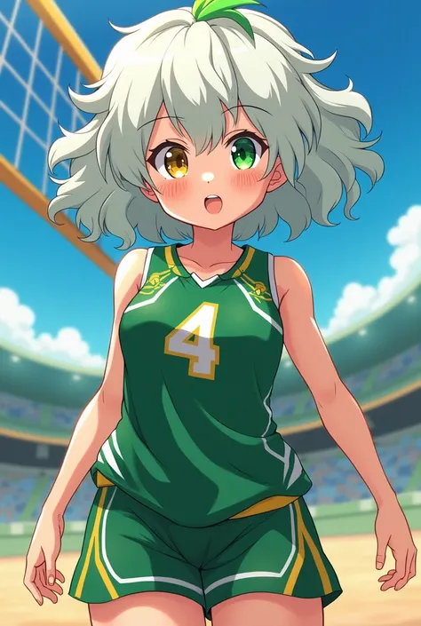 Haikyuu anime girl ,  curly white hair with green tuft ,  and a green eye and a blond eye with a volleyball uniform 