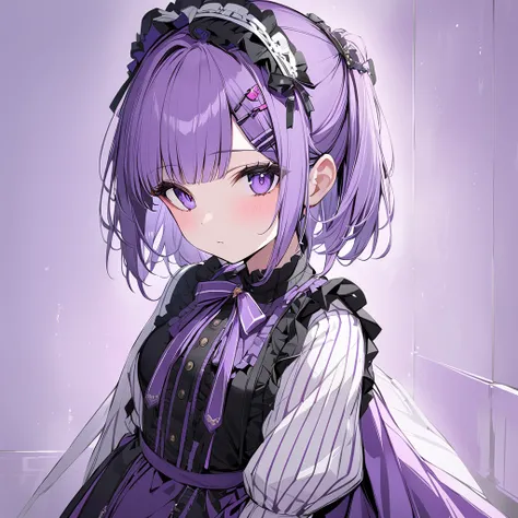  One girl , masterpiece,  top quality ,  Long Straight、Purple Hair,  purple eyes, Lolita、ribbon, hairpin, 