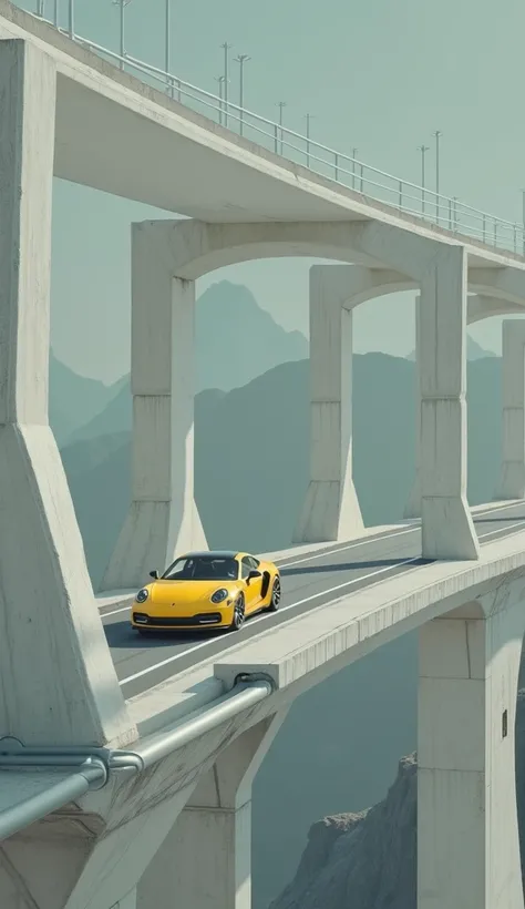 16K quality， Ultra HD， ultra-realistic style ，Aerial photography of a viaduct with a yellow car on it