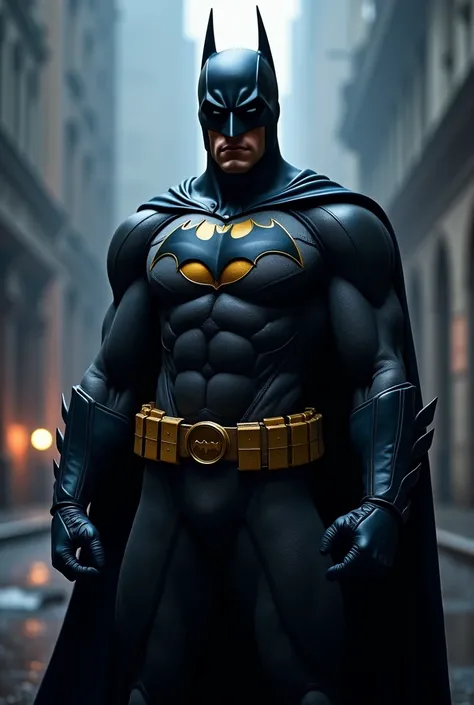  Batman in a black suit ,  with symbol and gold belt, blue gloves and hood 