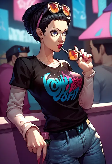 1 girl, sunglasses on head, lipstick, black t-shirt, clothes writing, layered sleeves, large breasts, jeans, Katy Perry, black hair