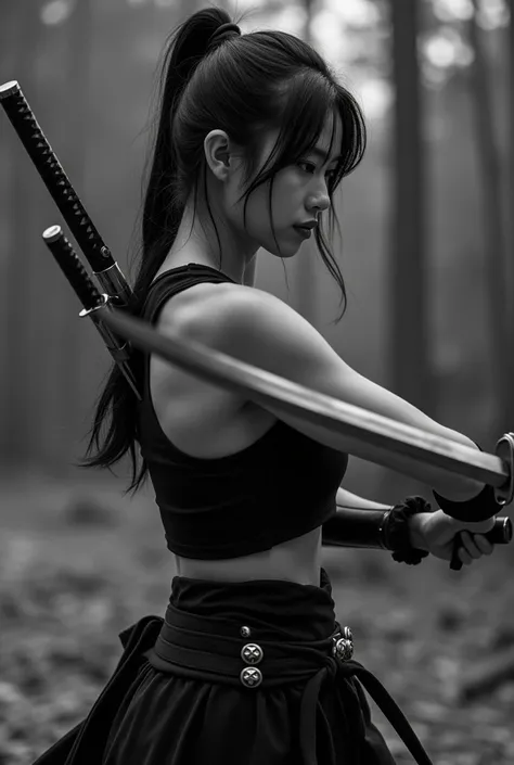   Sword Fighting美しい日本の忍者の女の子、(( Sexy tank top with loose chest and cuffs  :1.5、  see-through :1.3 ))、((  anatomically accurate))、Sword Fighting 、18 years old、 cute Japanese idol、  off-shoulder :1.3、 Dont &#39; Invisible to Koreans   、 has no characteristic...