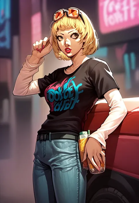 1 girl, sunglasses on head, lipstick, black t-shirt, clothes writing, layered sleeves, large breasts, jeans, Taylo Swif, blonde hair