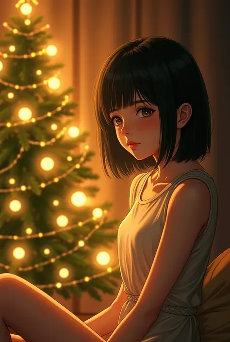 Lets draw with who ngwoif thaatj a vn girl sitting next to a Christmas tree with yellow lights , short black hair to the shoulders 