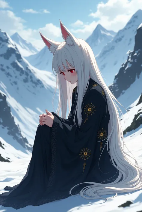 A beautiful woman with fox ears, red eyes, white hair, sitting hugging her knees, crying Under the snow mountain anime art, Black robe with gold spots,make more mature 