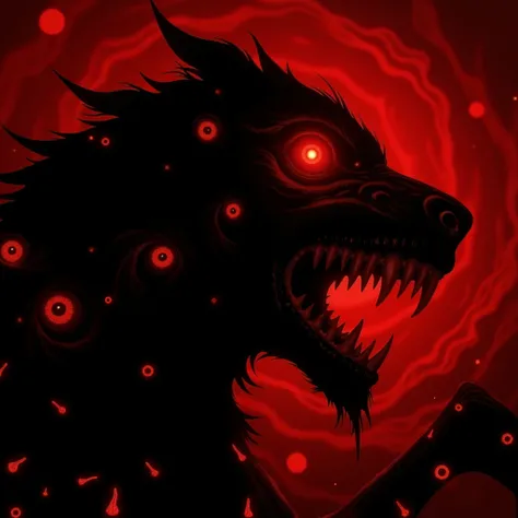 An extremely detailed hyper realistic photo depicting a mysterious and eerie scene with a central focus on a gargantuan black, shadowy creature with glowing mesmerizing eyes featuring vivid blood-red irises, giving them an intense and enigmatic look. Their...