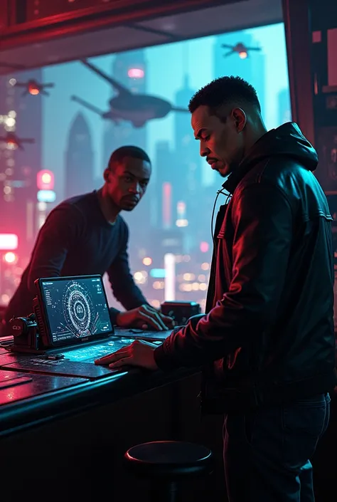  A futuristic London with glowing skyscrapers , drones in the sky ,  and vibrant neon lights . Will Smith,  in a black leather jacket ,  tamper with a temporal device in a bar . Martin Lawrence, in casual clothes,  peeks out the window as weather agents pu...