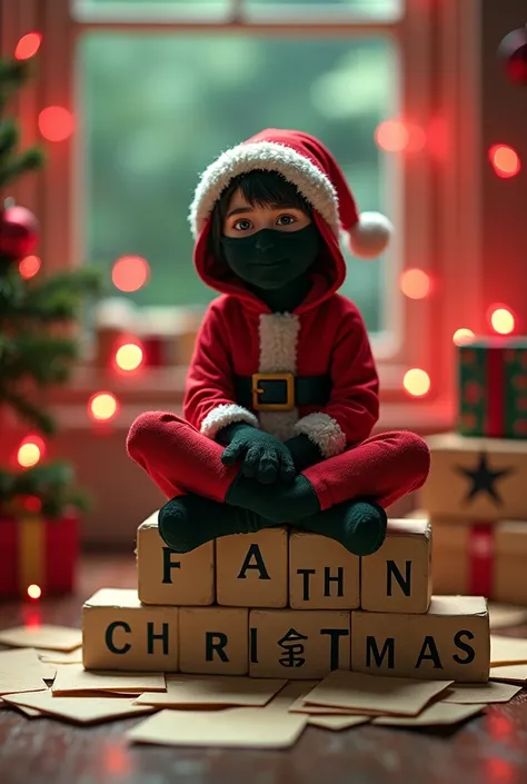 Christmas background with red and green lights a ninja in Santa Claus costume sitting on letters that say she is smiling 