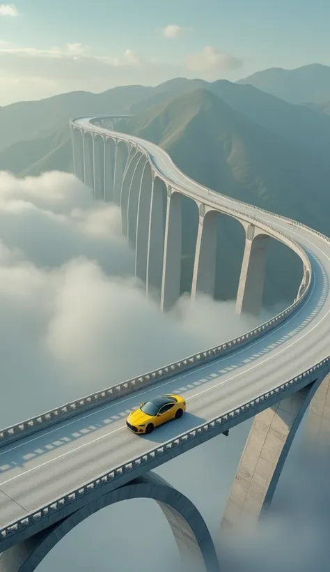 16K quality， Ultra HD， ultra-realistic style ，Aerial photography of a viaduct with a yellow car on it，Clouds and mist