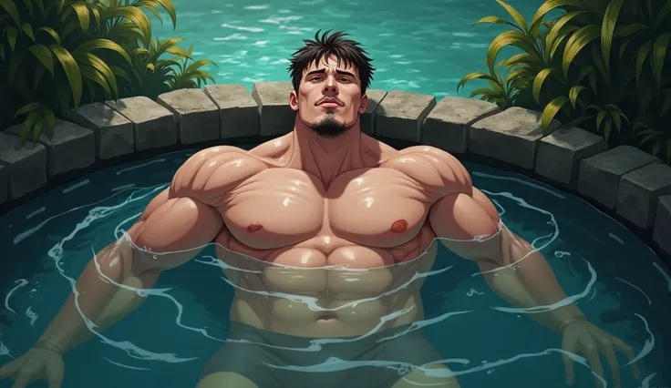 a handsome anime man in hot spring ,large breast,wet clothes,top view angle,muscular,giganted muscle, detailed facial features, beautiful eyes, sharp focus, 8k, photorealistic, cinematic lighting, dramatic color palette, highly detailed, intricate backgrou...