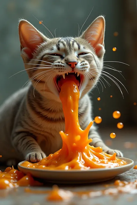 generates an image of a cat eating its food and its food exploding in its mouth like a liquid