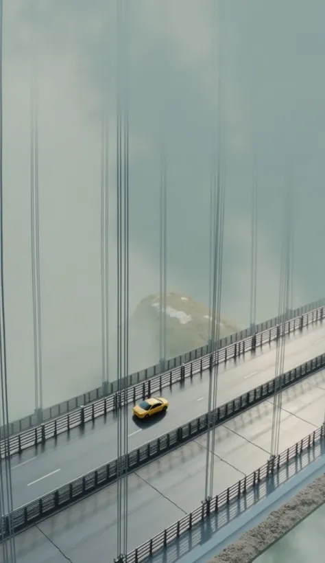 16K quality， Ultra HD， ultra-realistic style ，Aerial photography of a viaduct with a yellow car on it，Clouds and mist