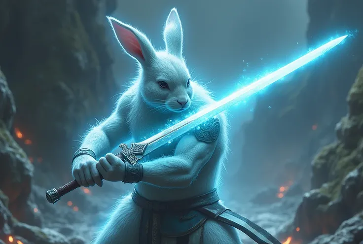 Humanoid rabbit sword warrior skin glowing and his shoking