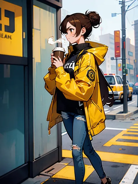 A young civilian woman with wavy brown hair in a loose bun, dressed in a trendy yellow jacket and ripped jeans. She holds a cup of coffee, oblivious to the destruction happening in the distance as she walks down the sidewalk.