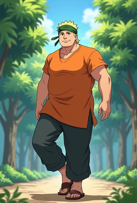 Adult Man, round face, with short thin yellow haircut, less chubby, muscular, in Anime, wearing his green bandana-like-beanie on his head, wearing his orange short kurta, his long dark gray pants, brown sandals, standing at the park, and he gently lifts hi...