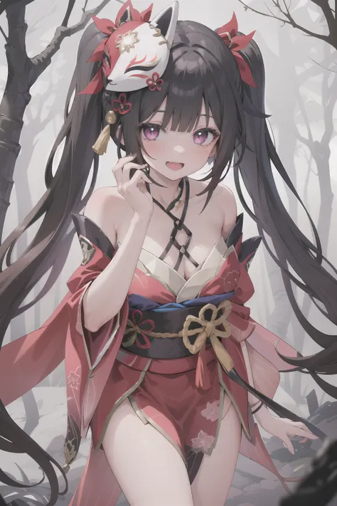 1girl, solo, shsparkle, fox mask, long hair, twintails, kimono, japanese clothes, looking at the viewer, open mouth smiling, in a eerie dark forest with lots of fog,