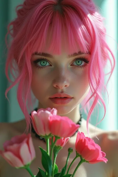 Portrait of cyberpunk girl with pink hair and green eyes holding flowers photo, professional movie, professional picture, ultra detailed, ultra realistic, cinematic, sharp focus, hyperrealism, realistic lighting, ultra skin texsture, stable diffusion, perf...