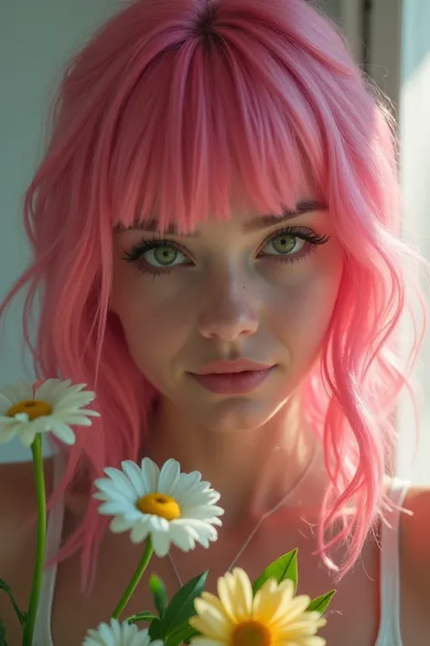 Portrait of cyberpunk girl with pink hair and green eyes holding flowers photo, professional movie, professional picture, ultra detailed, ultra realistic, cinematic, sharp focus, hyperrealism, realistic lighting, ultra skin texsture, stable diffusion, perf...