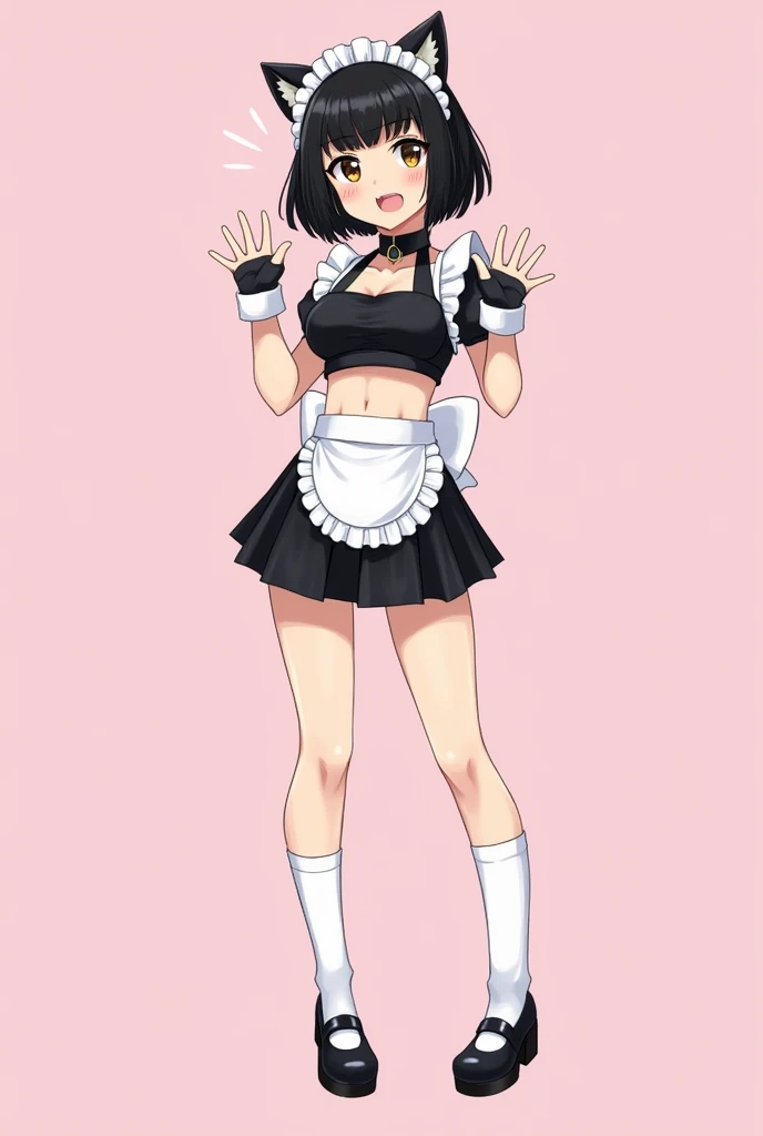 cute busty, masterpiece, best quality, simple pink background, 1boy, athlete, boyish, black hair, medium hair, straight hair, hime cut, blunt bangs, brown eyes, Slanted Eyes, large chest, cat ears,upper fang, open mouth, shame, blush, standing, paw pose, l...