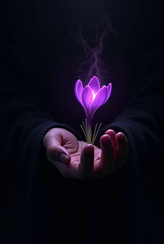 A deep darkness . All black .  From this darkness comes a female hand holding a small purple flower,  crocus vernus on fire 