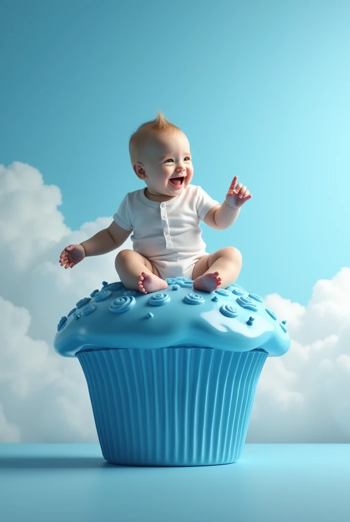 A hyper-realistic baby, dressed in a soft white onesie, sits joyfully atop a giant blue cupcake, its frosting a vibrant shade of blue. The cupcake’s smooth, shiny surface glistens in the light, and the baby giggles as they reach out to touch the frosting. ...