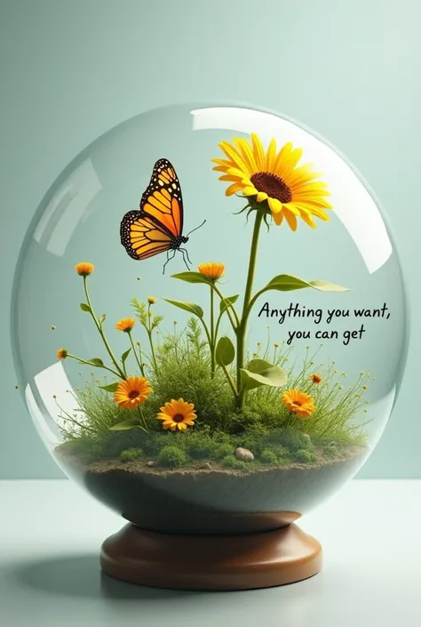 Transparent terrestrial globe with a butterfly and sunflower inside. with the simple background and with a text : " Anything you want you can get"