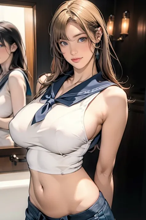 ((((1girl in)))),((Best quality, 8K, Masterpiece,photorealistic: 1.3)), (ideal ratio body proportions:1.8),(Sharp: 1.3),( Perfect body skinny beauty: 1.4), (Slim abs: 1.3),(thigh gap:0.0), (clothed sailor school outfit: 1.6), (coverd nipples:0.9),((Layered...