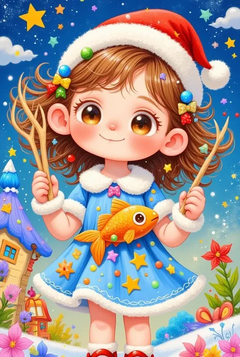    A painting holding a magic wand and a fish, Santa hat，Tiny house ，Ni Duans storybook illustration , ArtStation, Fantasy Art,   cute detailed digital art  , Lovely art style,  Fairy tale illustration style , 可爱的数字艺术,   a beautiful art illustration  , Col...