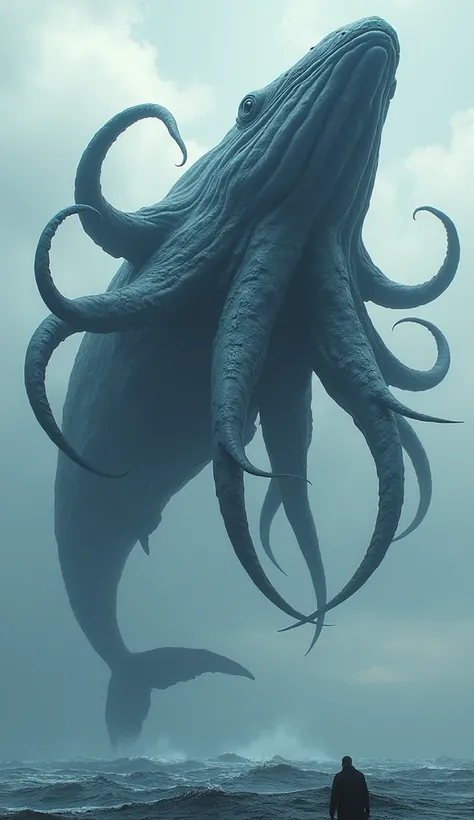 Make a huge hybrid combination of a gigantic octopus and an anthropomorphic blue whale