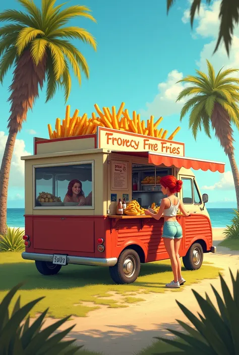 Truck converted into a French fries hut with a saleswoman with red hair running and serving ren, all on a set on a mowed grass field, tamarisk trees around next to a beach.