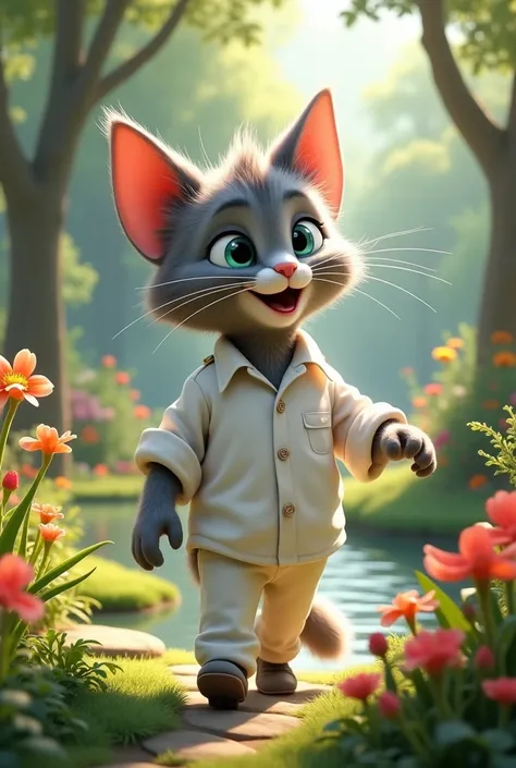 Create me images of the cat Tom in a beautiful garden the cat Tom has pants on And the shirt the cat wants then in a very beautiful and real white color