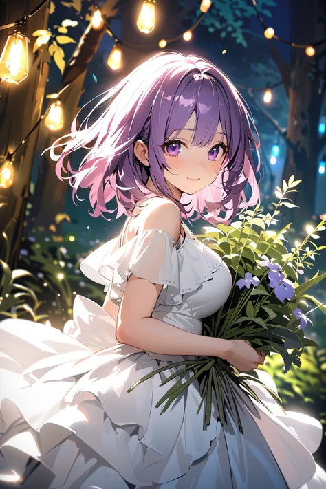 1 girl, (cute face), (medium length hair:1.2), (purple eyes), large breasts, slim, (wearing a layered skirt), (elegant blouse), BREAK  
Mystical forest, enchanting trees, (sparkling lights:1.2), (gathering magical herbs:1.2), serene surroundings, outdoors,...