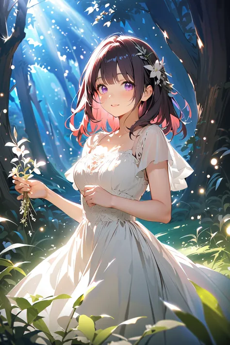 1 girl, (cute face), (medium length hair:1.2), (purple eyes), large breasts, slim, (wearing a layered skirt), (elegant blouse), BREAK  
Mystical forest, enchanting trees, (sparkling lights:1.2), (gathering magical herbs:1.2), serene surroundings, outdoors,...