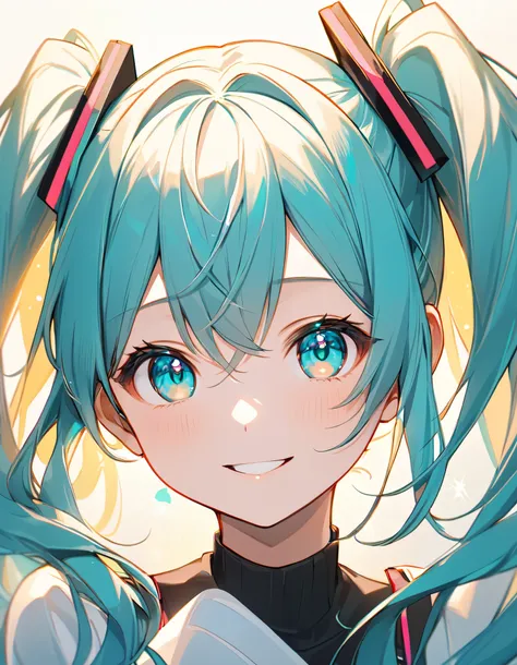 Upper body close-up（((masterpiece), on)""Create a close-up anime-style illustration focusing on the expressive face of Hatsune Miku. Highlight her large, captivating turquoise eyes, giving them a bright, lively sparkle that conveys warmth and friendliness....