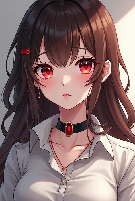 Brown hair, long hair, beautifully drawn, beautiful eyes, red eyes, beautiful skin like pottery, white shirt, black choker, bust up anime manga